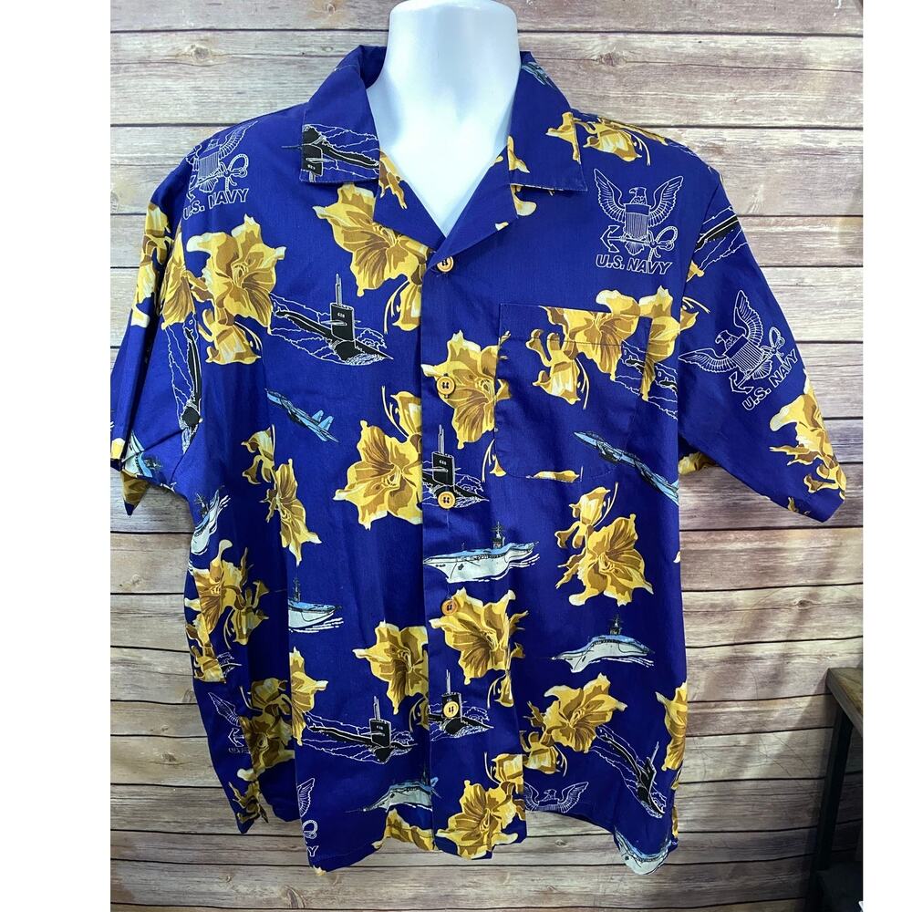 Kamp Shirt NAVY Blue/Beige Cotton/Polyester S/S Hawaiian Shirt Sz. L